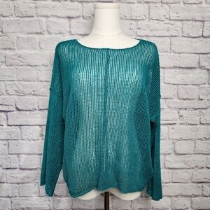 EILEEN FISHER Organic Linen Teal Open Weave Sweater Sz XL Boxy Fit Short Length